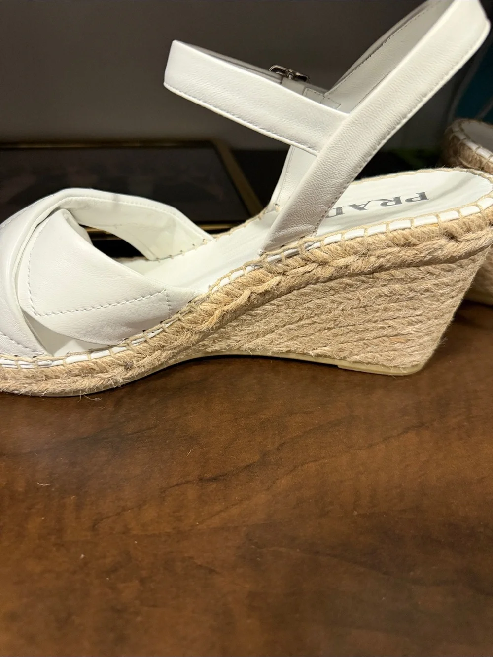 Prada White Leather Crisscross Espadrille Wedge Sandals